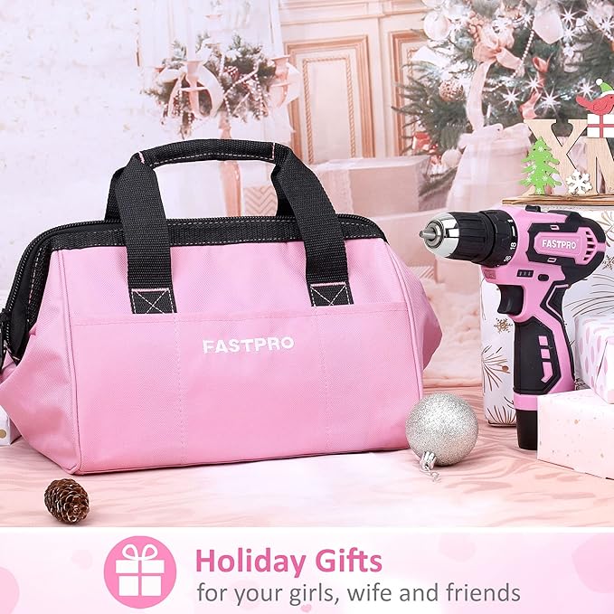 FASTPRO 175-Piece 12V Pink Drill Set, Cordless Lithium-ion Driver and Tool Kit, House Repairing Tool with 12-Inch Storage Bag, For DIY, Home Maintenance.