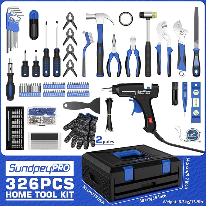 326-PCS Home Tool Kit - Portable Basic Home Repair Tool Set - General Complete Household Outils Box with Hot Glue Gun & Drawer Storage Case for Men Women Homeowner Diyer Handyman