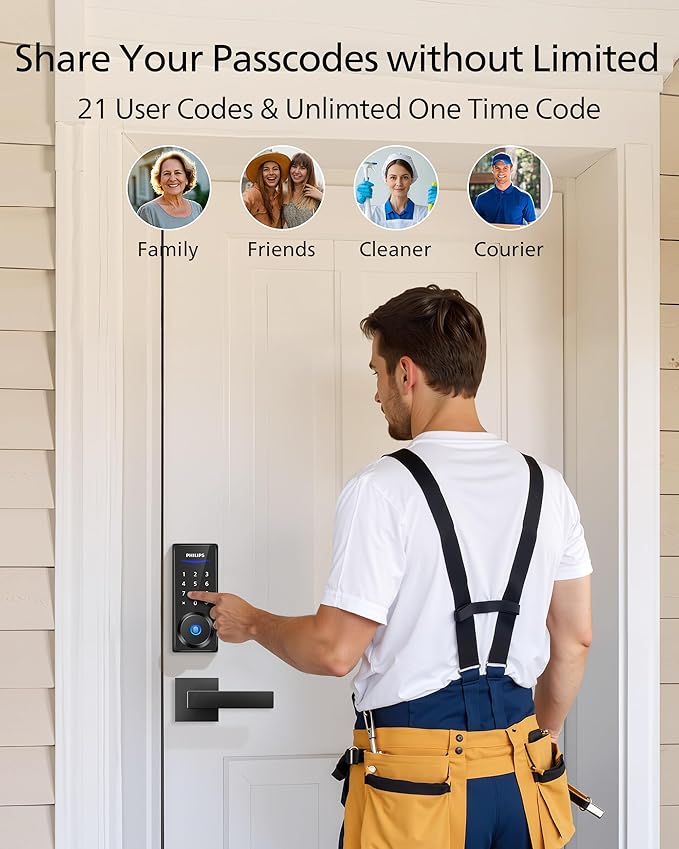 Philips Fingerprint Keyless Entry Door Lock, Electronic Door Lock with Touchscreen, Long-Lasting Battery, Auto Locking, One-Time Code, Keypad Deadbolt, One-Touch Locking, Matte Black