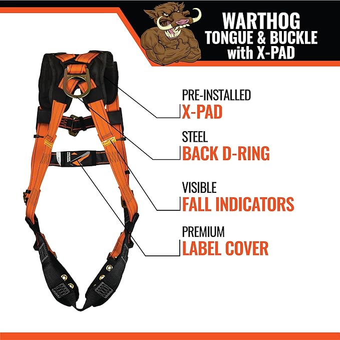 Malta Dynamics Warthog Safety Harness Fall Protection, Tongue Buckle Legs & X-Pad, Full Body Harness, OSHA/ANSI Compliant