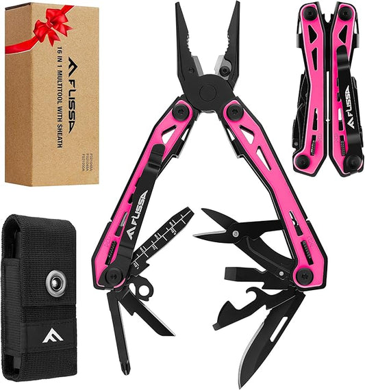 FLISSA 16-in-1 Pink Multi Tool Pliers, Gifts for Men, Stainless Steel EDC Multitool with Pocket Knife, Belt Clip and Oxford Pouch, for Camping Survival Outdoor Activities