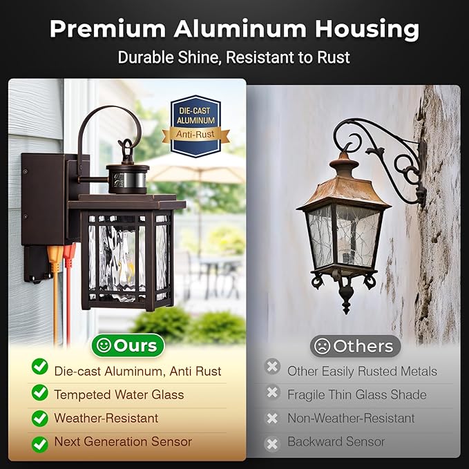 2-Pack Porch Light with GFCI Outlet, Motion Sensor Outdoor Wall Light Wall Mount, Oil Rubbed Bronze Exterior Lighting Fixtures, Anti-Rust Outdoor Lantern Wall Sconce for Garage, Patio, Balcony