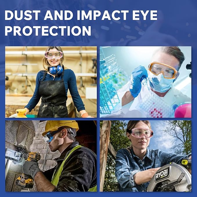 Safety Goggles Over Glasses - ANSI Z87.1 Certified Eye Protection for Chemistry Lab Work & Industrial Use - Anti-Fog Clear Lens, Impact Resistance - Adjustable Strap - Men & Women (2 Pack)