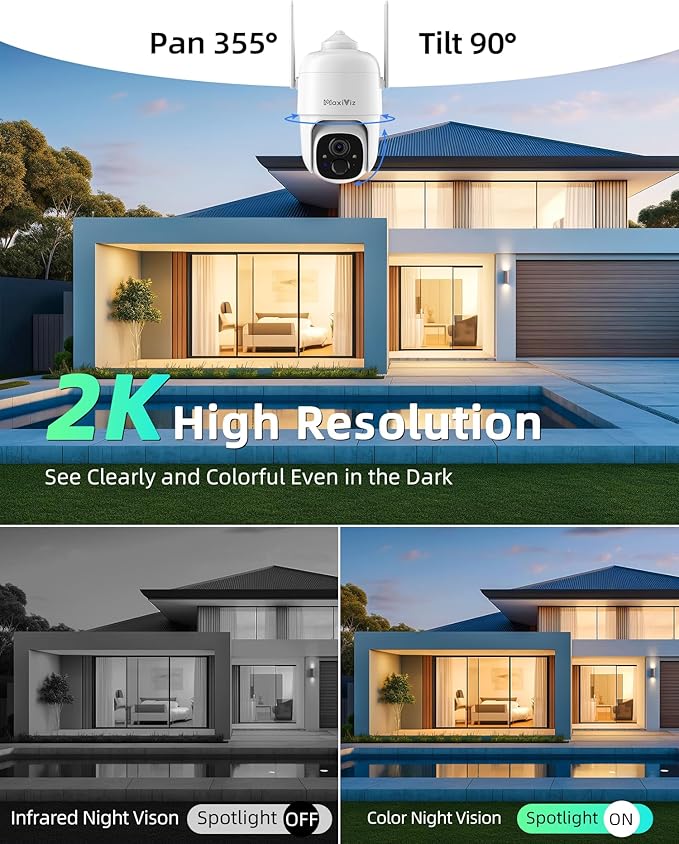 Wireless Solar Security Camera Outdoor, Home Security Cameras with Solar Panel 360° Live View, 2K Color Night Vision, AI Motion Detection, IP66 Weatherproof, Local/Cloud Storage (2 Packs)