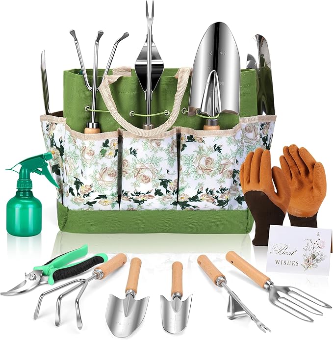 Garden Tools Set 10-Piece, Heavy Duty Stainless Steel Garden Hand Tools with Floral Tote Bag - Rust-Proof Garden Tools for Gardening, Gardening Gifts for Women Mom