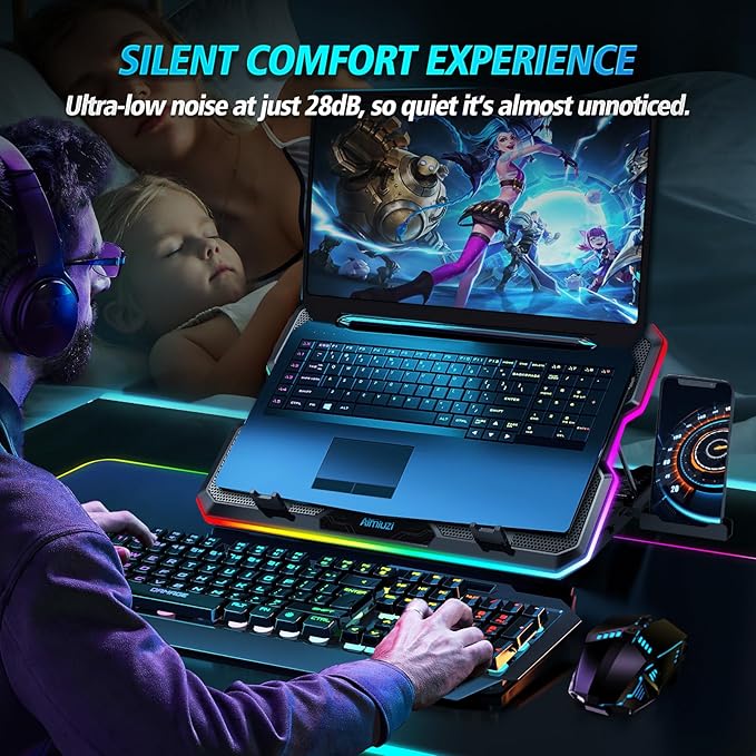 Gaming Laptop Cooling Pad, Laptop Cooler with 15 Quiet Fans for 12-17.3 Inch Notebook, Slim Portable Laptop Cooling Stand with 7 Height Adjustable, 2 USB Ports, Phone Stand
