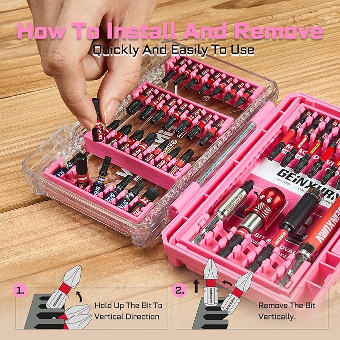 40Pieces Impact Screwdriver Bits Set, Magnetic S2 Steel Phillips/Slotted/Square/Torx Insert Power Bits Tips, Impact Bit Holder with Pink Storage Box Case