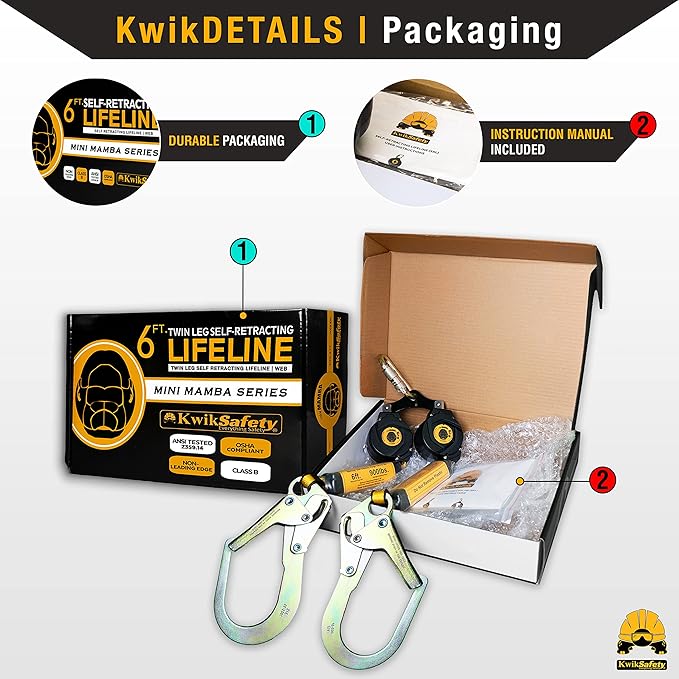 KwikSafety - 6' mini Mamba Twin-Leg Self Retracting Lifeline [NO Tangle Web] Class 1 Retractable Safety Lanyard SRL ANSI OSHA