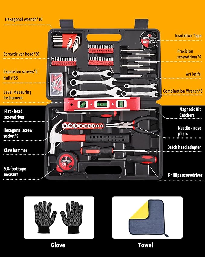 Essential Man's Small Tool Box Kit for House, New Home Toolbox Socket Wrench Set, Mini Men's Car Mechanic Pliers Hammer Toolset, Home Repair Basic Car Body Tool (Tool Kit - Red)
