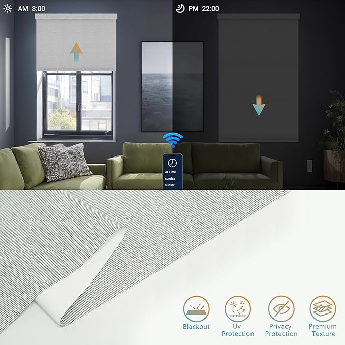 Motorized Blinds with Remote, Blackout Smart Roller Blinds Compatible with Apple Homekit Google Home and Alexa, Automatic Window Blinds Customize, Silver