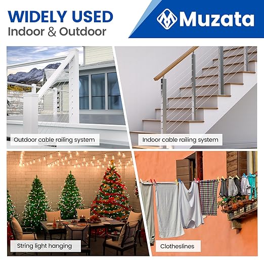 Muzata 300 ft 1/8" Stainless Steel Cable Railing System Hardware T316 Stainless Steel Wire Rope 7x7 1800 lb Breaking Strength Deck Cable Railing Kit with Wire Cutter for Indoor Outdoor Coastal WR02