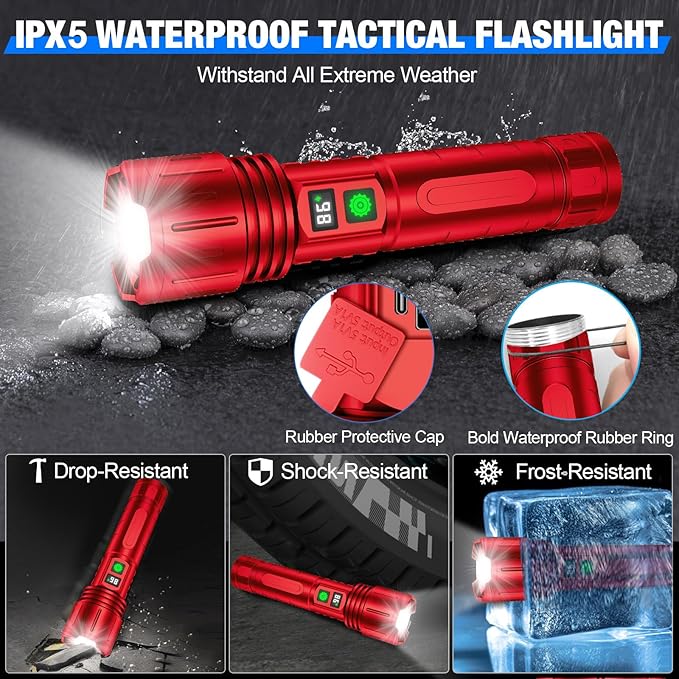 Flashlights High Lumens Rechargeable, Super Bright LED Powerful Flashlight, Type-C, 5 Modes, Zoomable, IPX5 Waterproof High Powered Tactical Flash Light for Emergency Camping,Red