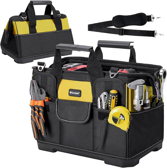 TICONN Heavy Duty Tool Bag with Multi-Pockets, Portable Tool Box Organizer Storage Bag, with Adjustable Shoulder Strap and Ergonomic Handle (Yellow, 16" Molded Base)