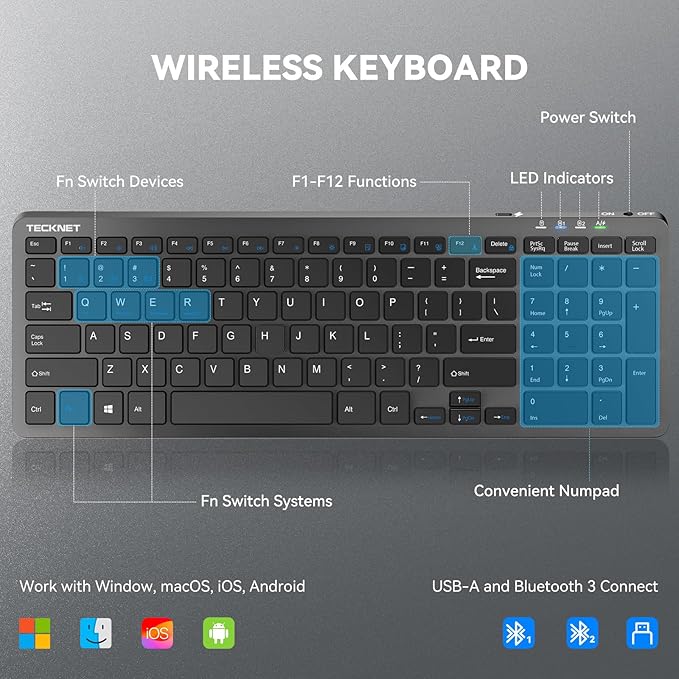 TECKNET Wireless Bluetooth Keyboard Rechargeable - Ultra Slim 2.4G+BT Keyboard with Number Pad, Multi Devices Easy Switch, Low Profile Compact Keyboards for iPad, Macbook, Laptop, Computer, Tablet, PC