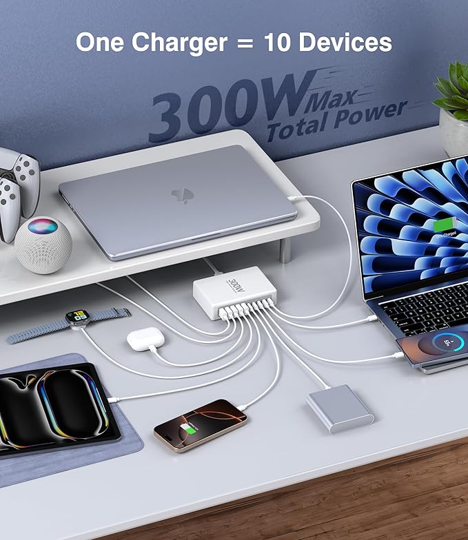 300W USB C Charging Block, 10-Port USB C Charging Station PD 100W Laptop Fast Charger Adapter for MacBook Air/Pro, iPhone 17/16/15/14/13 Pro Max, iPad Pro, DELL, Samsung Galaxy