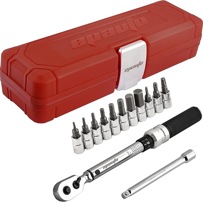EPAuto Bike Tool 1/4 Inch Drive Click Torque Wrench Set (2 to 20 Nm), Hex/Torx Bit Socket Extension Bar Bicycle Maintenance Kit