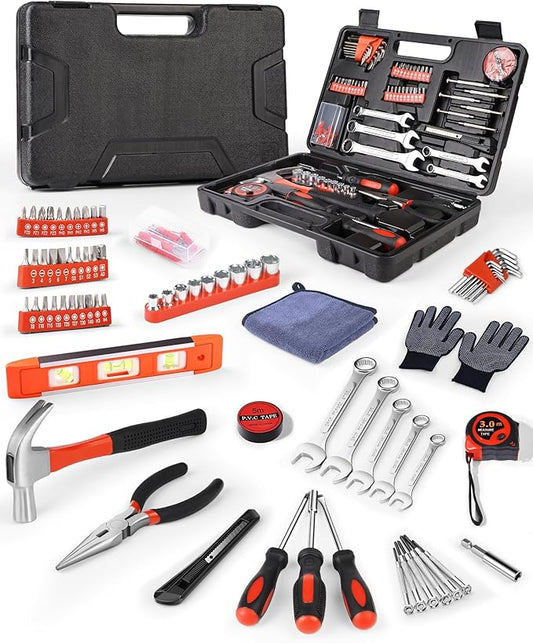 Essential Man's Small Tool Box Kit for House, New Home Toolbox Socket Wrench Set, Mini Men's Car Mechanic Pliers Hammer Toolset, Home Repair Basic Car Body Tool (Tool Kit - Red)