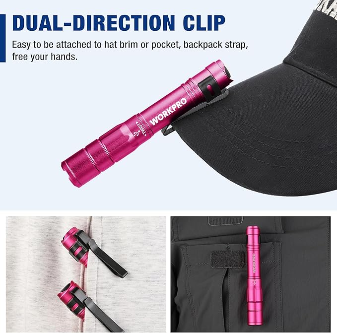 WORKPRO Rechargeable Pen Light, Mini Flashlight, 2 Pack Ultra-Compact EDC Flashlight, Pocket Flashlight with Clip, Memory Function and 2 x USB C Cable Included, Pink