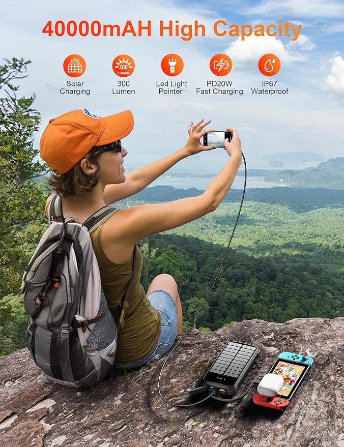 Solar Charger Power Bank, 40000mAh Portable Phone Charger Built in 4 Cables with USB C in/Output, PD 20W Fast Charging Portable Charger, External Battery Pack with Dual Bright Flashlights
