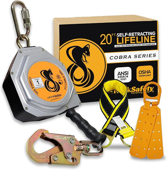 KwikSafety - Charlotte, NC - Cobra 20' KIT [Cable Self Retracting Lifeline + 3FT Cross Arm Strap + Roof Anchor] Class 1 SRL ANSI OSHA Retractable Fall Arrest Construction Roofing PPE Gear