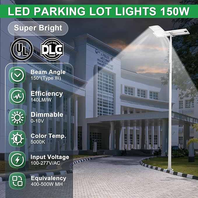 150W LED Parking Lot Light, 5000K 21000LM(140lm/w) LED Shoebox Area Light - Slip Fitter Mount, Dimmable Commercial Street Lighting, Surge Protection Built-in, AC100-277V UL DLC Listed