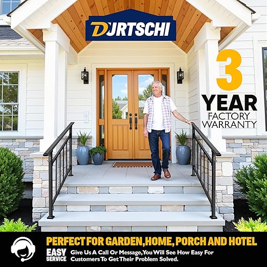 Updated Handrails for Outdoor Steps, 2-3 Steps Wrought Iron Stair Railing with Fence, Flexible Exterior Hand Railing for Concrete or Wooden Stairs, Black Transitional Handrails with Installation Kit