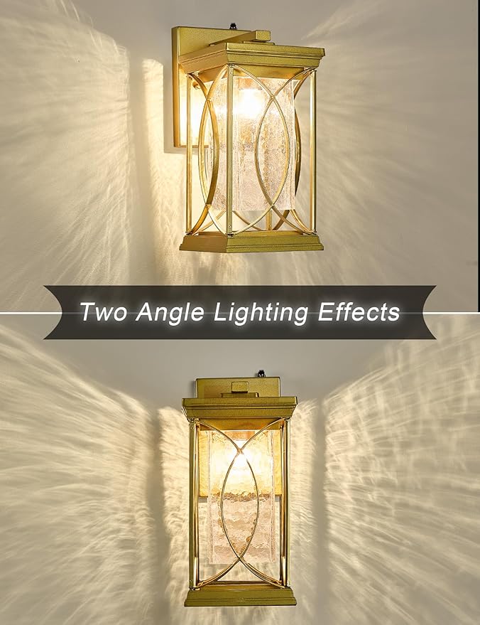 Gold OutdoorSconce Dusk to Dawn Exterior Light Fixtures Wall Mount Porch Light Modern Outdoor Wall Light Aluminum with Crack-Like Glass IP65 Waterproof Outside Coach Light for House