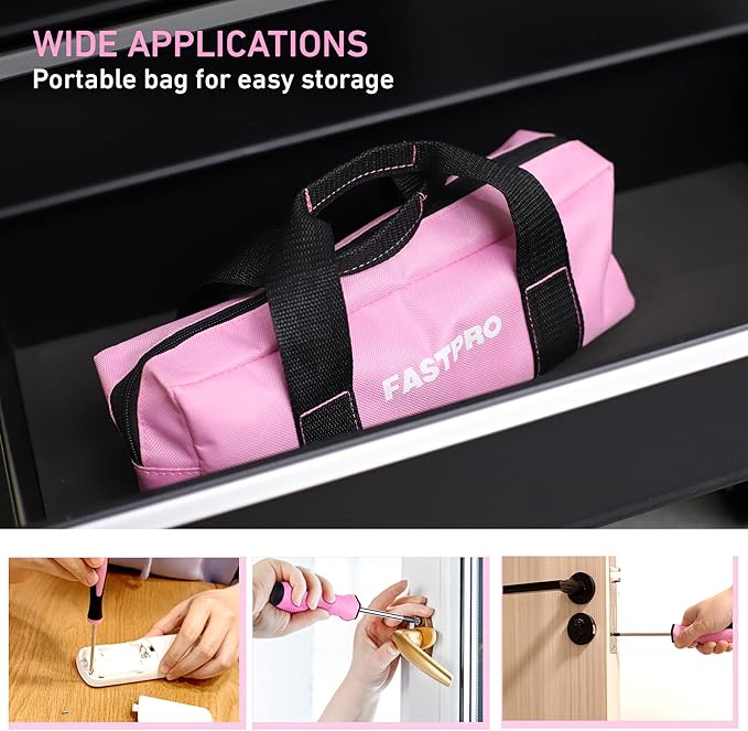FASTPRO 12-Piece Pink Magnetic Screwdrivers Set with Slotted Phillips Screwdrivers and Precision Screwdrivers, Repair Tool Kit for Women with Storage Bag