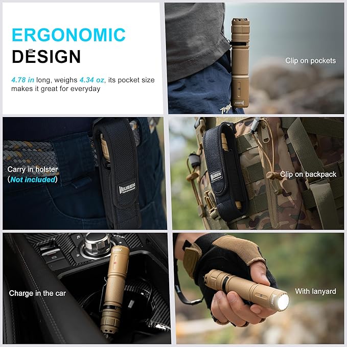 WUBEN C3 Flashlight 1200 High Lumens Rechargeable Flashlights 6 Modes Super Bright IP68 LED Tactical Flashlight for Camping, Home, Emergenc, Inspection, Repair, Tool Gifts for Men(Khaki)