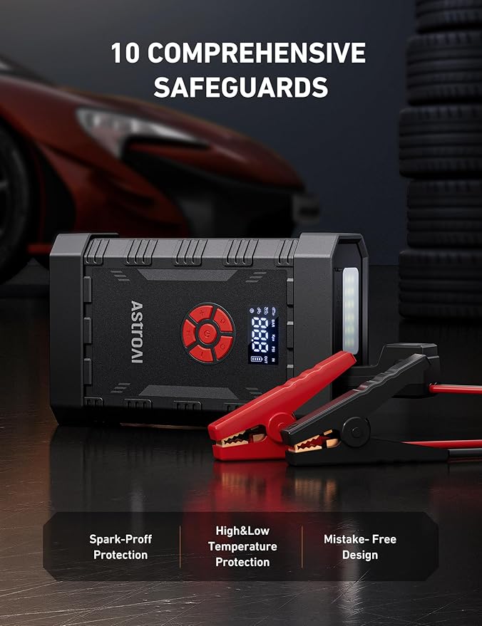 AstroAI A30 Jump Starter with Air Compressor, 4000A & 150PSI Portable Car Battery Jump Starter (10.0 Gas/8.0L Diesel) with Tire Inflator, 12V Battery Charger, 18W Quick Charge, Jumper Cables, Lights
