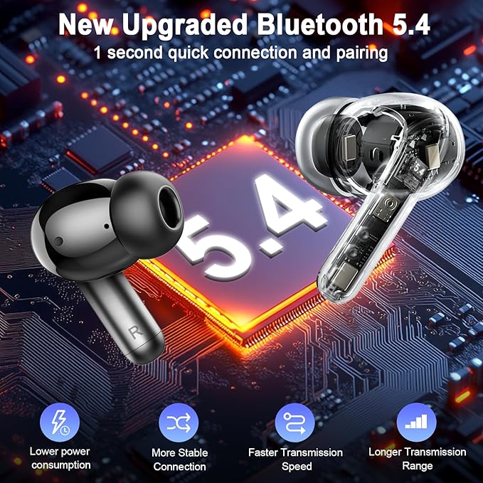 Wireless Earbuds, 2025 Bluetooth 5.4 Headphones 3D Bass Hi-Fi Stereo Ear Buds, 4 ENC Noise Cancelling Mic, 40+Hrs USB-C in-Ear Earphone, IP-X7 Waterproof Sport Workout Gym for Laptop Pad Android iOS