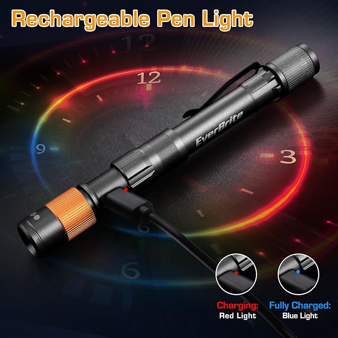 EverBrite Rechargeable Pen Light, 300 Lumens EDC Flashlight, Zoomable LED Pocket Flashlight with Clip, Memory Function and USB C Cable Included, for Camping, Emergency, Black
