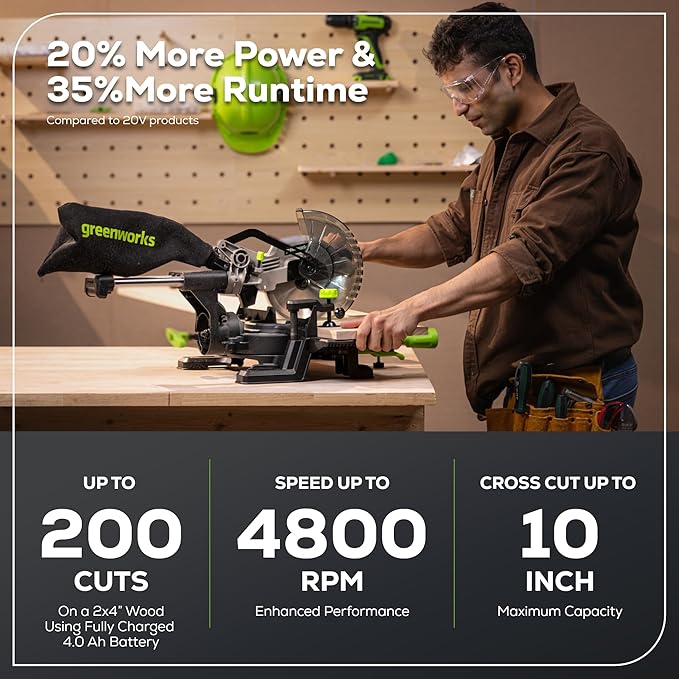 Greenworks 24V Brushless 7-1/4" Sliding Compound Miter Saw Kit, 4800RPM, Single Bevel 0-47°, LED Cut Line, Dust Collection, 4.0Ah Battery & Charger Included