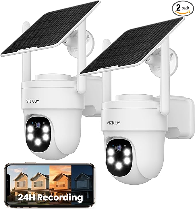 AOV Security Camera, 24H Continuous Recording Security Cameras Wireless Outdoor, WiFi 6, 2K Solar-Powered Cameras for Security, 360° PTZ, Auto Tracking, 512G Local Storage(Not Include) 2Pack