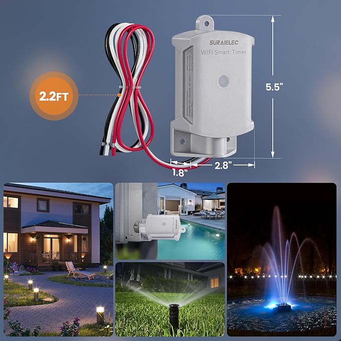 SURAIELEC 15 AMP WiFi Smart Timer Switch for Outdoor Electrical Boxes, 120V WiFi Pool Timer, for Waterproof Outlet Junction Box, Pool Light, Driveway Lighting, Security System, Holiday Decorations