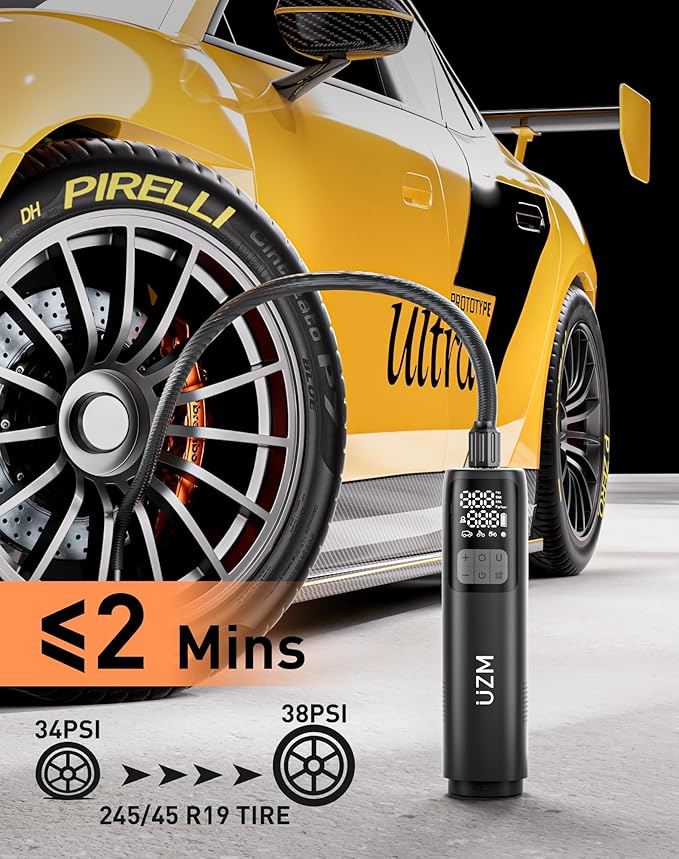 UZM 3 in 1 Tire Inflator and Car Vacuum, Car Vacuum Portable Cordless, 2X Fast Inflation, 12000pa Suction Power, LED Display,150 PSI, Portable Tire Inflator for E-Bike,Motorcycle,Ball