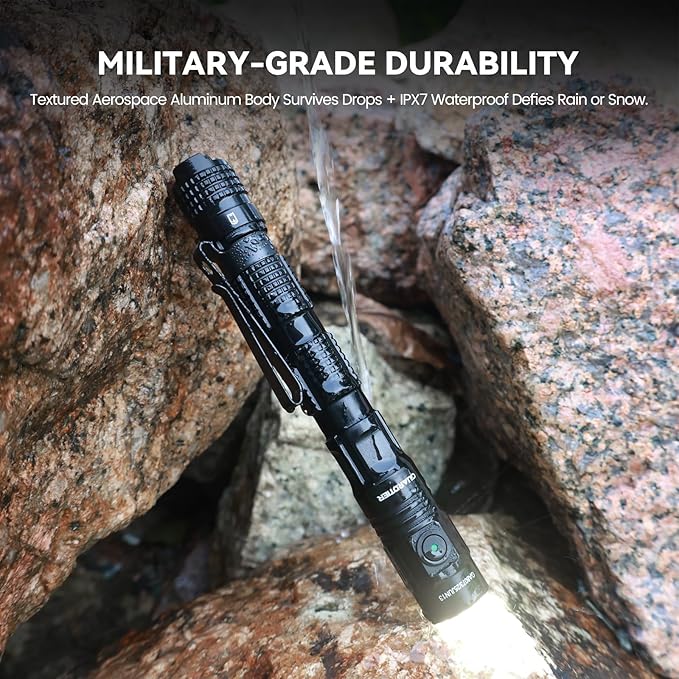 ML70 1500 Lumen EDC Flashlight Rechargeable, Pen Style Self Defense Compact Tactical Flashlight with 2AA Dual Power, IPX7 Waterproof Pocket light for Camping, Emergencies, Outdoor Activities