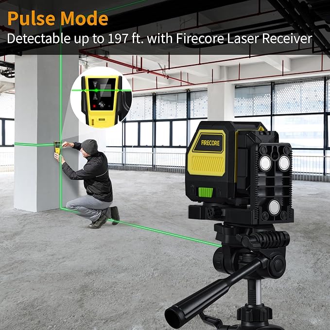 Firecore Outdoor Laser Level Kit, Self Leveling Cross Line Laser Level with Dual Power Supply and Laser Track Clip for Pros, Green Lazer Leveler Tool for Picture Hanging, Wall, Tile, Construction