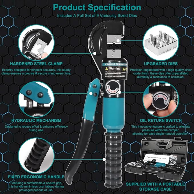 Hydraulic Crimping Tool, Hydraulic Crimper 10 Tons for 12-2/0 AWG Cable, Battery Lugs, Wire Lugs, Battery Cable Crimper Tool with 9 Pairs of Dies, 1/8” Wire Rope Crimping Tool