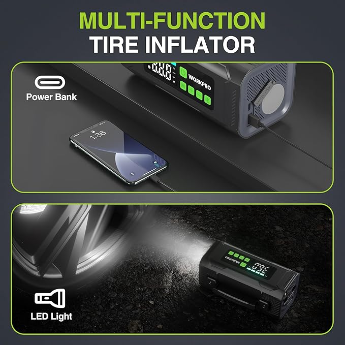 WORKPRO Tire Inflator Portable Air Compressor, 12V Electric Air Pump 150PSI for Car Tires with Pressure Gauge, 3X Faster Portable Tire Inflator for Car Motorcycle Bicycle Ball with Dual Power Supply