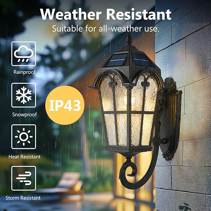 Emliviar Exterior LED Solar Wall Sconce with Remote Control, 24'' Front Door Wall Lantern with Water Glass Shade, Waterproof Solar Black Wall Light with E26 Bulb, YXE302MB-SL BK