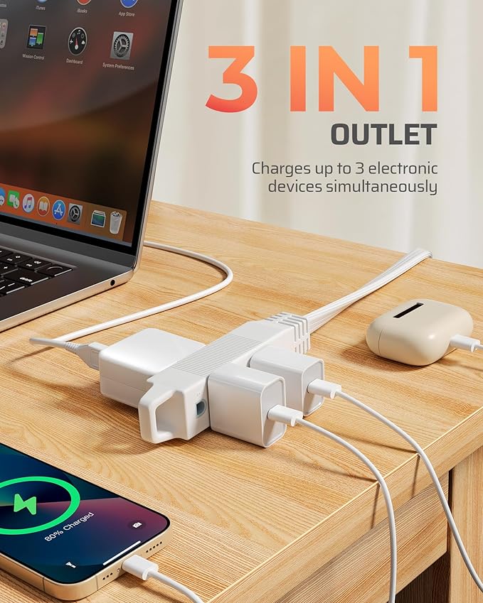 DEWENWILS 15FT Flat Plug Extension Cord, 3 Prong Ultra Thin Power Strip, 360° Rotating Plug, 13A/125V/1625W, 16 Awg Grounded Flat Power Cable for Indoor Narrow Space, SPT-3, ETL Listed, White