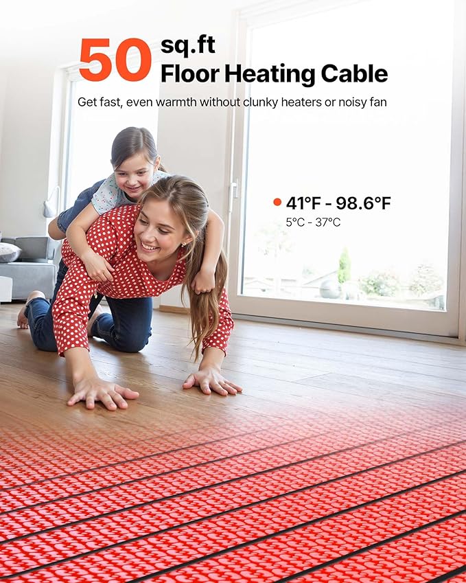 VEVOR 50 sqft Floor Heating Mat System, 120V Electric Radiant Heated Floor System, with Decoupling Membrane & Smart Control Thermostat & Alarm, Easy Installation for Tile, Stone, Vinyl