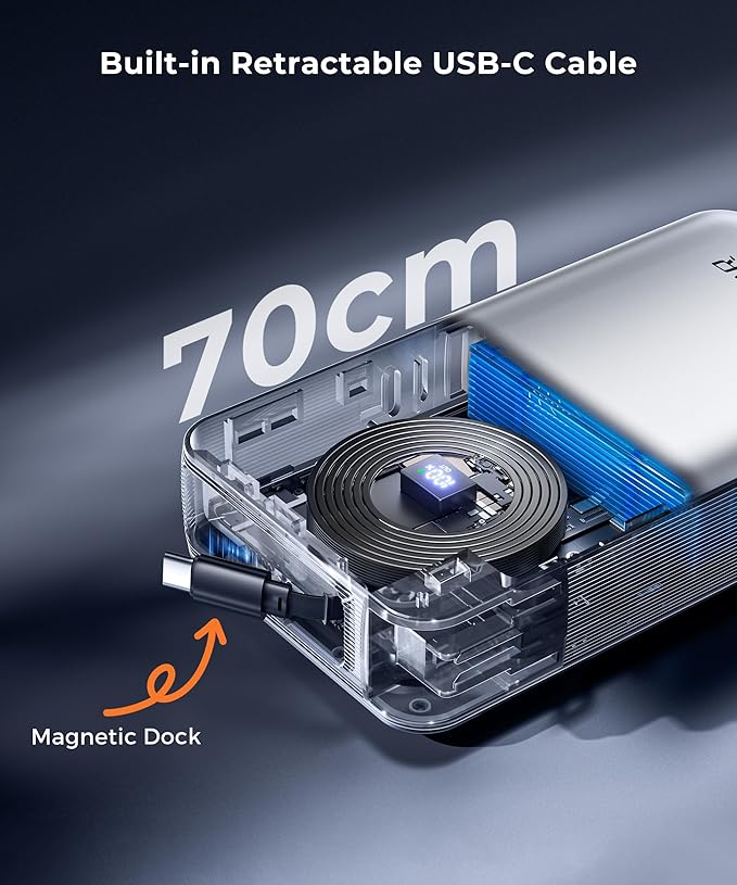 Portable Charger Power Bank - Laptop Battery Pack 65W AC Plug GaN 25000mAh Built in Cable USB C Phone Fast Charging Compatible with iPhone 16 15 14 13 12 11 X iPad MacBook Samsung (White)