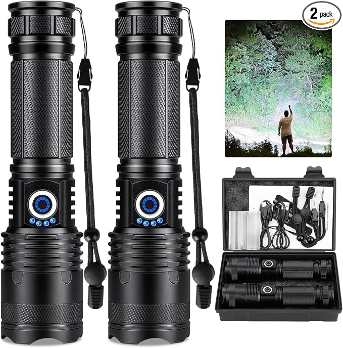 Rechargeable Flashlights 99000 High Lumens 2 Pack, Led Super Bright Flashlight with 5 Modes & IPX7 Waterproof, 15H Running Time, High Powered Flash Light for Home Camping Home Emergencies