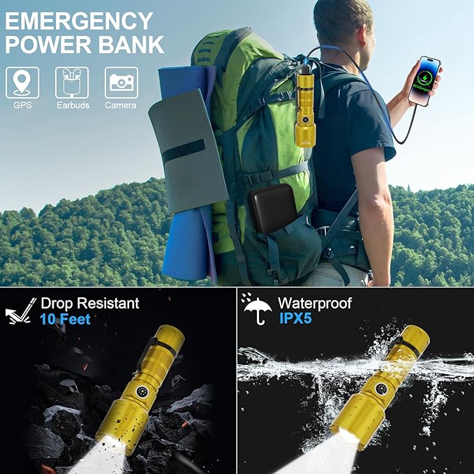 Flashlights High Lumens Rechargeable, Super Bright 1500 Meters Long Range Small Powerful Flashlight, 6 Modes LED Tactical Pocket Waterproof Flash Light for Home Emergency (1, Yellow Gold)