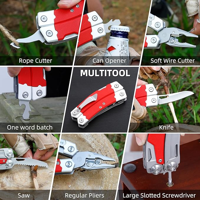 HANSHI G10 Handle Multitool Pliers with YG10 Tungsten Steel Replaceable Wire Cutters 12 in 1 Multi Tool Pocket Knife with Safety Lock,Saw,Bottel Opener for Camping,Survival with Nylon Sheath (red)