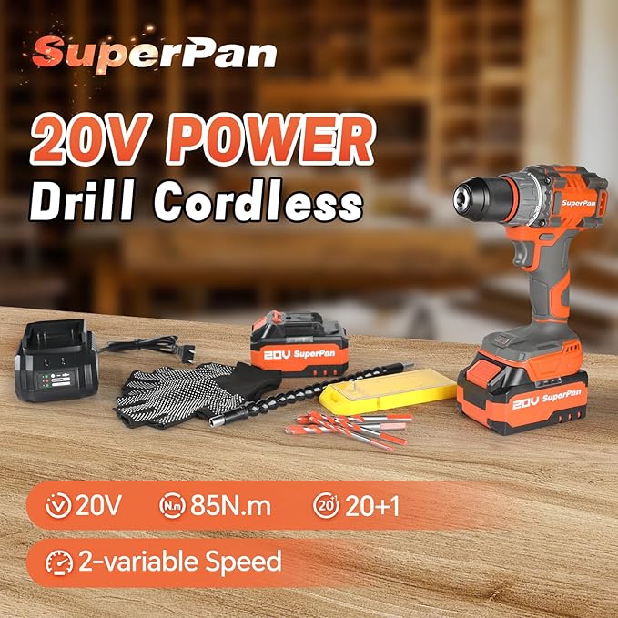 Cordless Drill Driver Kit, 20V High Performance, 1/2'' Keyless Chuck, 2×4.0 Ah Li-ion Battery, 2 Variable Speed Control, 20+1 Torque Setting, Versatile Drills For Electric Drilling and Screwing