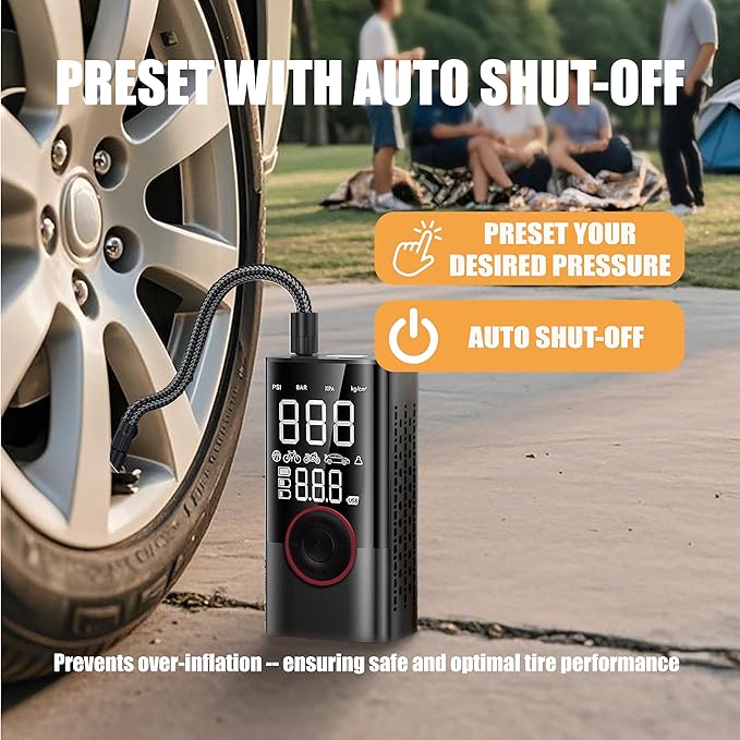 Tire Inflator Portable Air Compressor,150PSI Cordless Air Pump with Digital Pressure Gauge for Car, Bike，Motorcycle & Ball, Emergency LED Light and Auto Shut-Off, Car Accessories