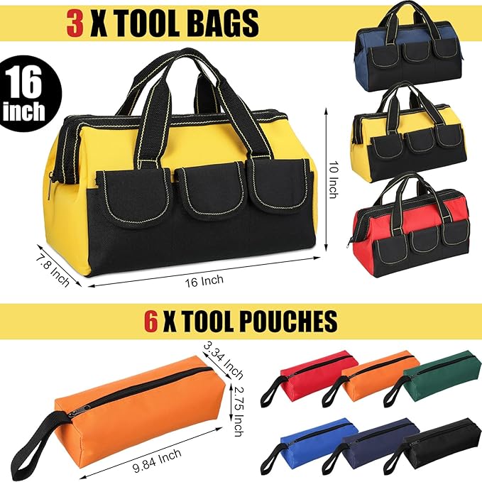 Sanwuta 9 Pcs Tool Bag for Men 3 Heavy Duty Wide Mouth Tool Bags and 6 Small Waterproof Pouch Tote for Electrician Carpenter Mechanic Father's Day Christmas Gifts(16 Inch,Blue Red Yellow)